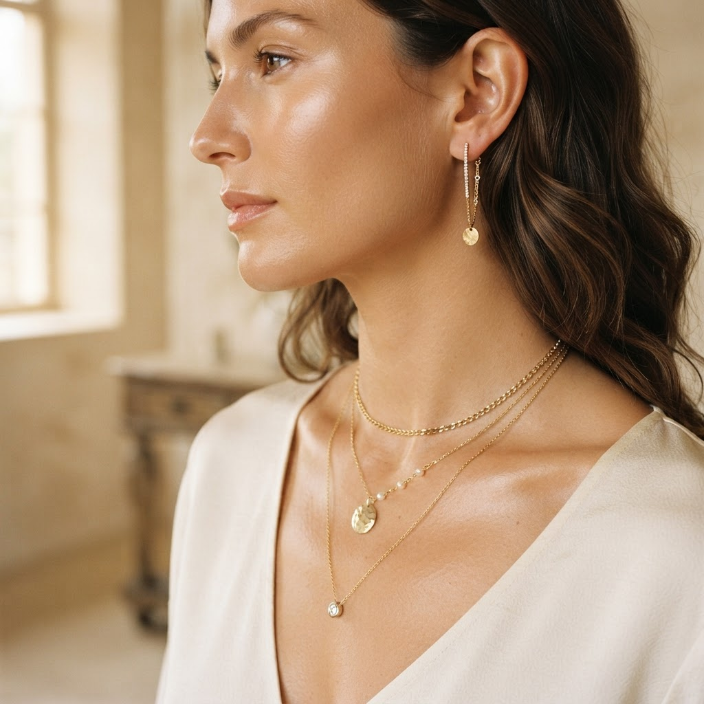 Model purtând bijuterii Elyx placate cu aur 14K